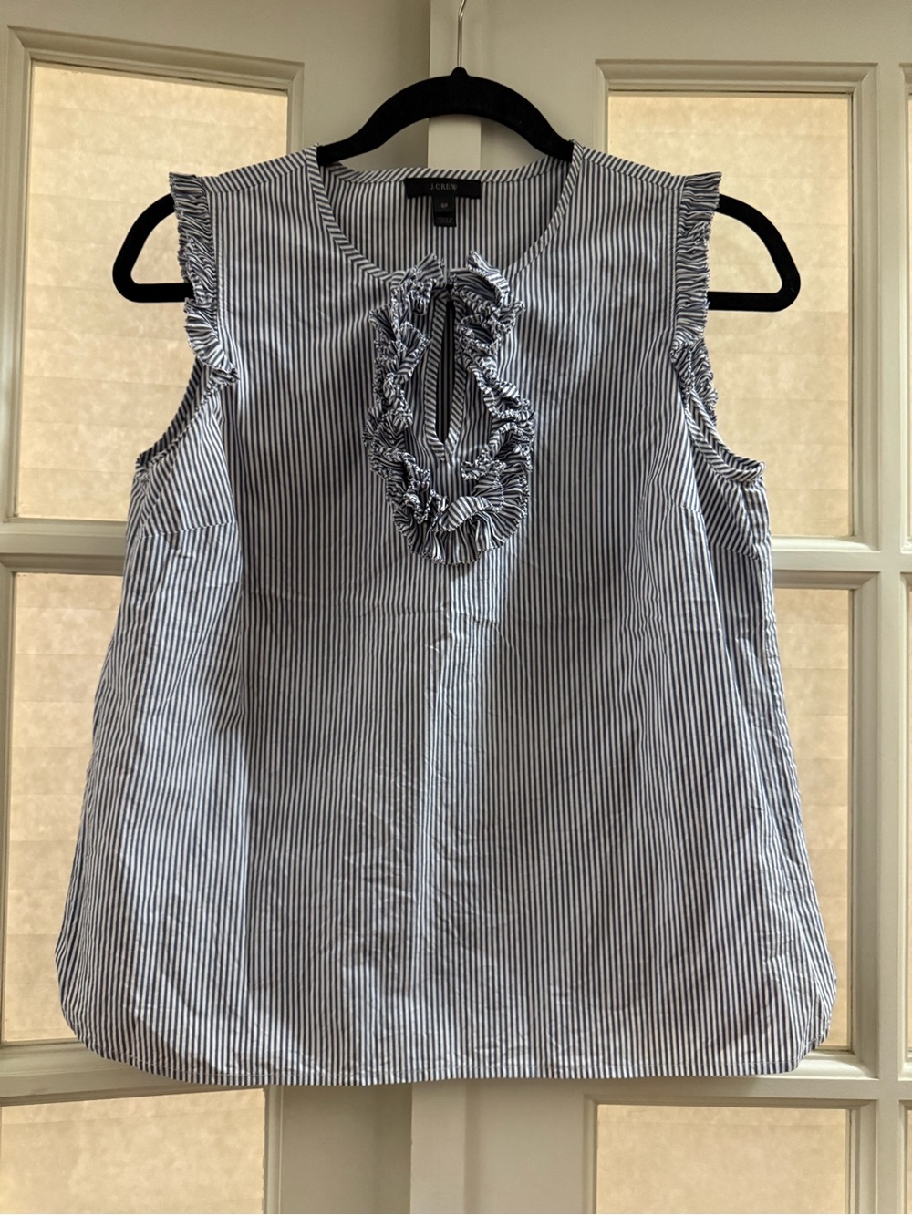J. Crew Navy and White Pinstripe Ruffle Keyhole Sleeveless Top